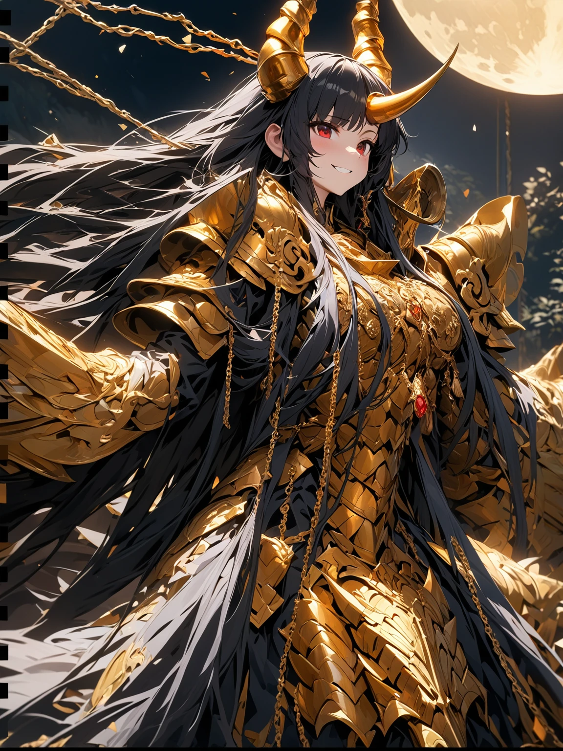 (best quality,4k,8k,highres,masterpiece:1.2), ultra-detailed,HDR, UHD, studio lighting, ultra-fine painting, sharp focus, physically-based rendering, extreme detail description, professional, vivid colors,prefect face, anatomically correct,1girl,defined lines,houraisan_kaguya_touhou,long_hair, black_hair, very_long_hair, smile,bangs, red_eyes, brown_eyes,(Ornate golden armor plates,golden horn ornaments,multicolored gemstones,yellow and black clothes,black glove,Black torso,Golden chains),night,moon in the upper left corner