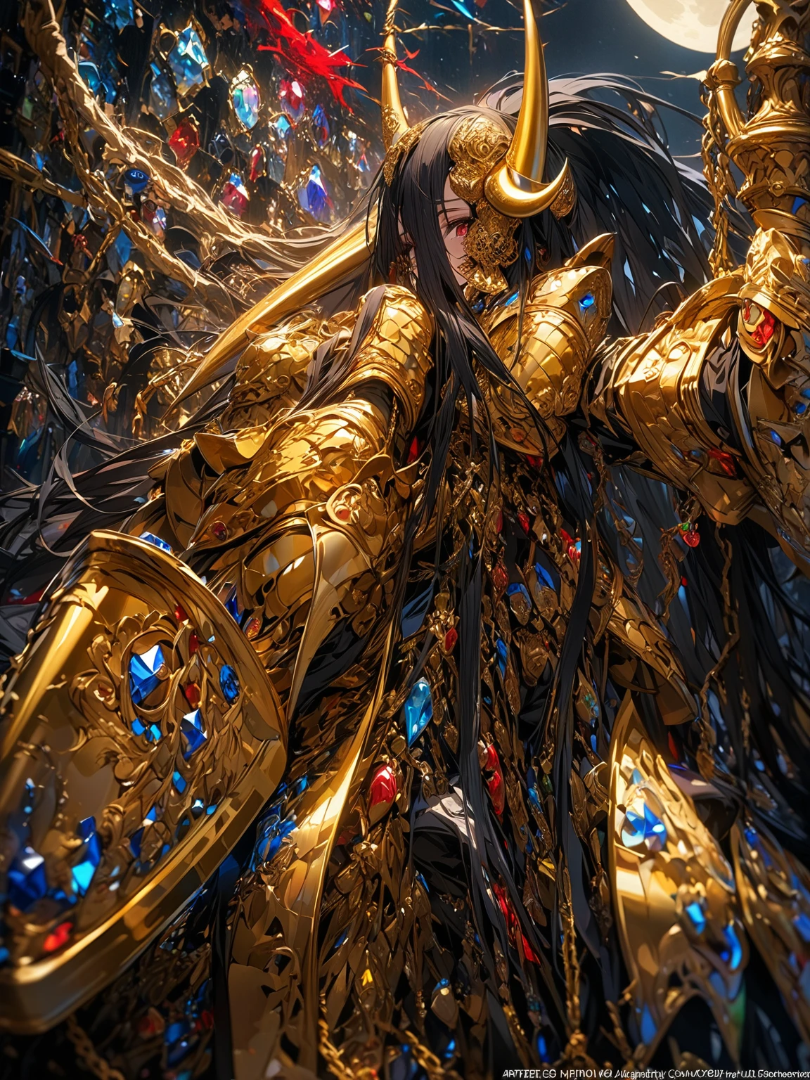 (best quality,4k,8k,highres,masterpiece:1.2), ultra-detailed,HDR, UHD, studio lighting, ultra-fine painting, sharp focus, physically-based rendering, extreme detail description, professional, vivid colors,prefect face, anatomically correct,1girl,defined lines,houraisan_kaguya_touhou,long_hair, black_hair, very_long_hair, smile,bangs, red_eyes, brown_eyes,(Ornate golden armor plates,golden horn ornaments,multicolored gemstones,yellow and black clothes,black glove,Black torso,Golden chains),night,moon in the upper left corner