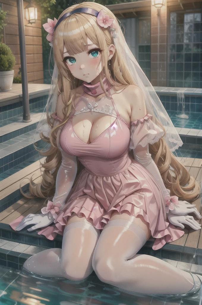 A large amount of sweat drips from the forehead, Overall orange background in the evening Sunset sunlight,Full body depiction on screen, Glaring Eyes Showing disgust Huddle together Blonde Long Hair anime Primary school students Romanesque style Super Curly Hair Super long sideburns See-throughの衣服 Wet and sheer pearl skin turtleneck wedding dress 少女達がcuteポージング Pool at night Droopy eyes Peach ribbon headband 天蓋付きのcuteベッド Aqua Blue Rubber Sheets Aqua Blue Rubber Bed Lying down Sad face Embarrassing Blushing Wet and transparent pearl skin berry long skirt Wet and transparent pearl skin tights Wet and transparent pearl skin innerwear Rubber luster Multiple pink ribbons Soaked in the rain Wet and transparent pearl skin super long gloves Wet and transparent pearl skin pantyhose Hot Pink Garter Belt cute Pitiful clear Big eyes Droopy eyes Pale pink rouge Shocking Pink Pink Long Boots Wet and transparent pearl skin body See-through See-through Wet 衣服が汗で濡れてSee-through 全てWet The whole body is covered in oil and has a glossy appearance. Steam is coming out of my whole body Steam like a sauna room fills the entire screen. White breath from the mouth Highly detailed face, Perfect lighting, Highly detailed CG, (Perfect hands, Perfect Anatomy),Super detailed, The whole body is covered in glossy oil.