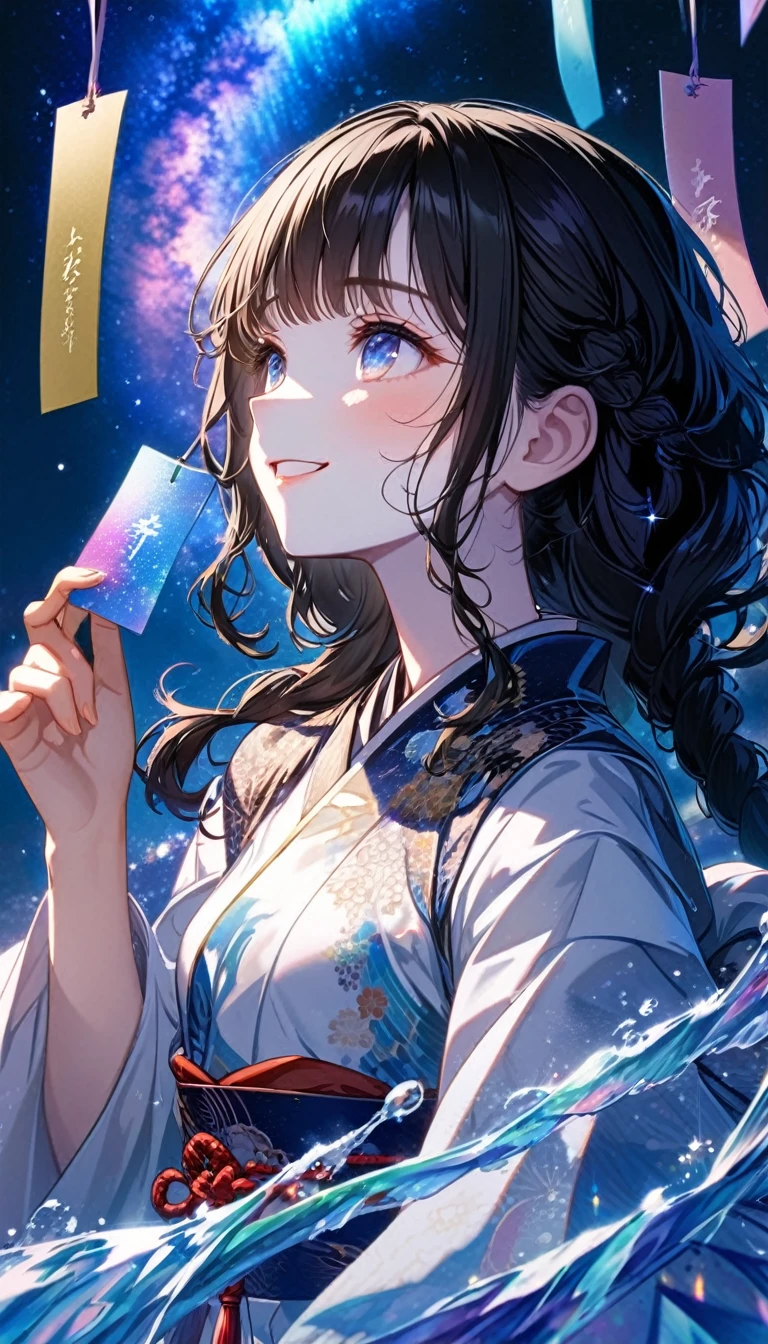 Tanabata, milky way, girl looking up at a sky full of stars, a beautiful detaiextremely detailed character, contour deepening beautiful detailed glow, beautiful detailed glow, grabbing, , 1girl, long hair, wavy hair, bangs single braid, black hair, gradient hair, beautiful face,smile, pray, small_breasts, blue eyes, white skin, japanese_clothes, Exquisite cloth, nebula, detailed ice, flowing water, wallpaper 8k CG, profile