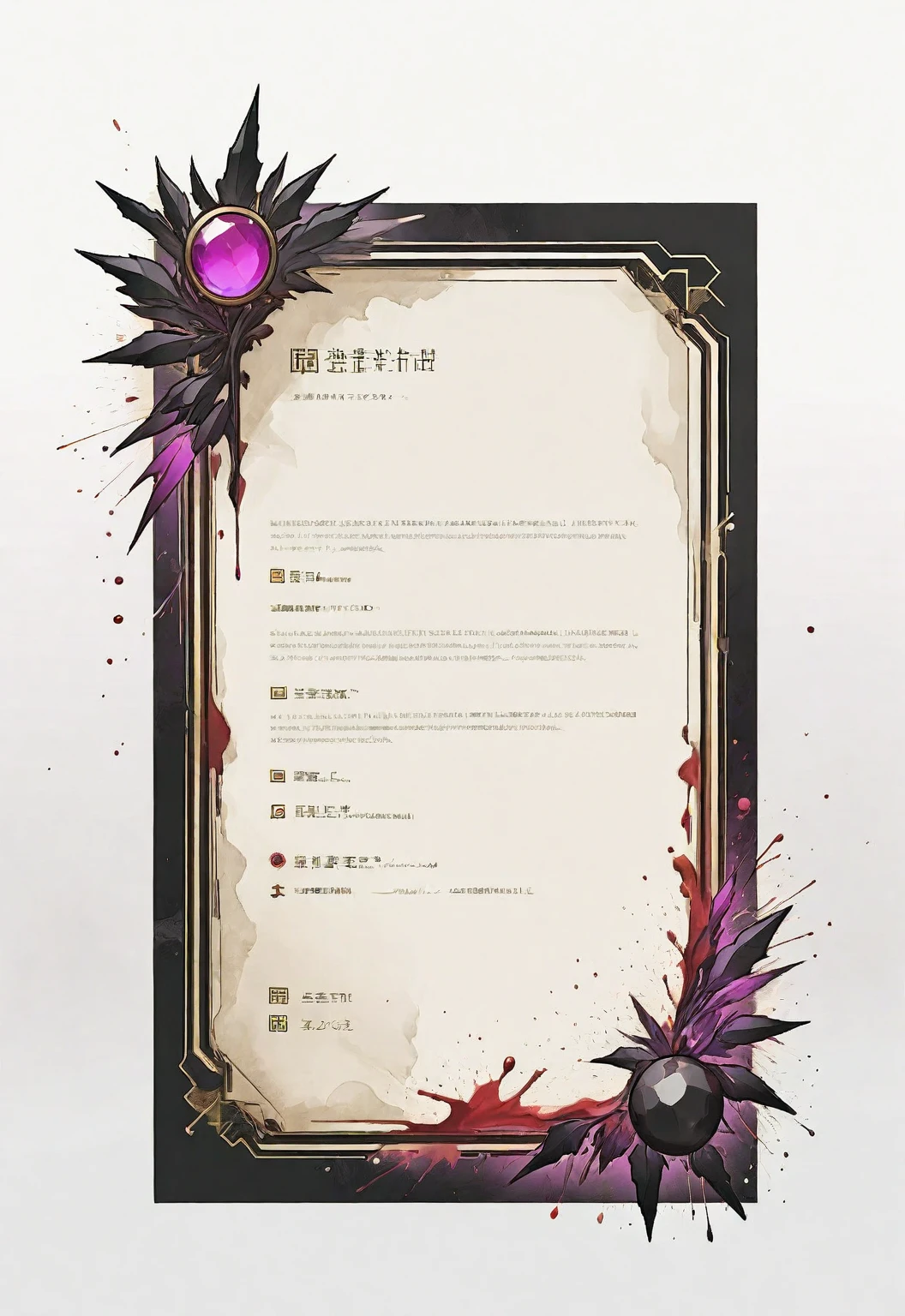 A card border UI，Modern urban minimalist style，Suspense style，Profile Style。Leave a square blank space in the middle，No characters。There is a ruby under the card border.。Parchment backing，There are blood stains on it。Black and White、yellowish、Purple main color。