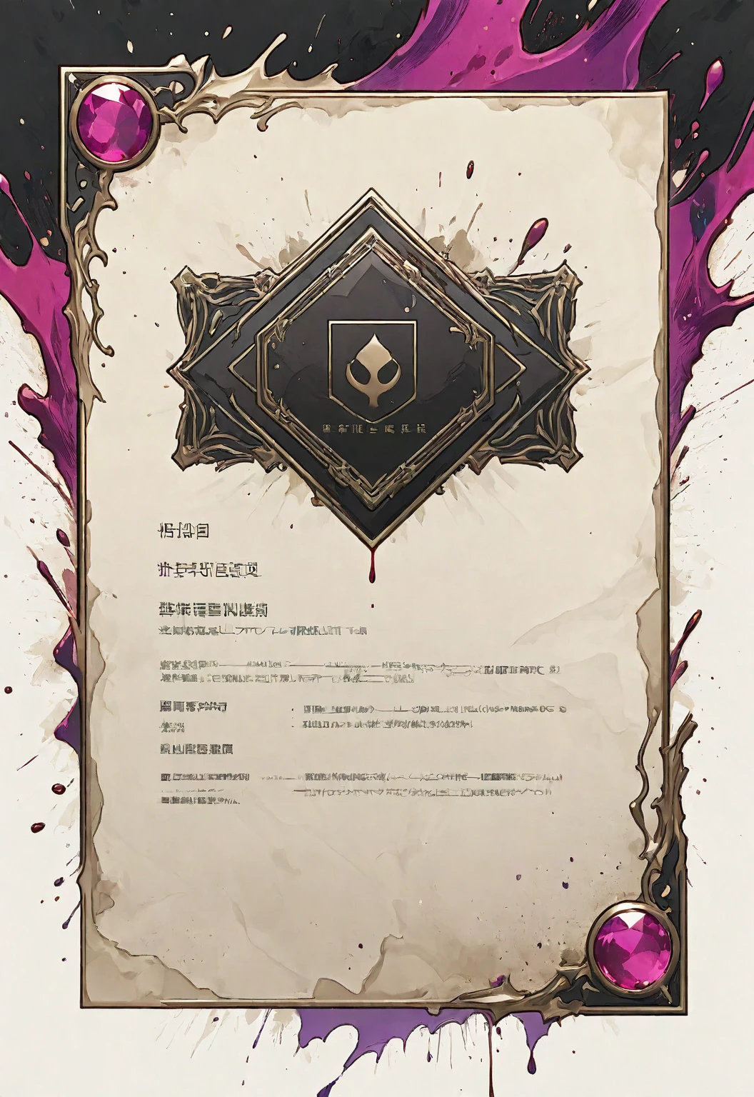 A card border UI,Modern urban minimalist style,Suspense style,Profile Style。Leave a square blank space in the middle,No characters。There is a ruby under the card border.。Parchment backing,There are blood stains on it。Black and White、yellowish、Purple main color。