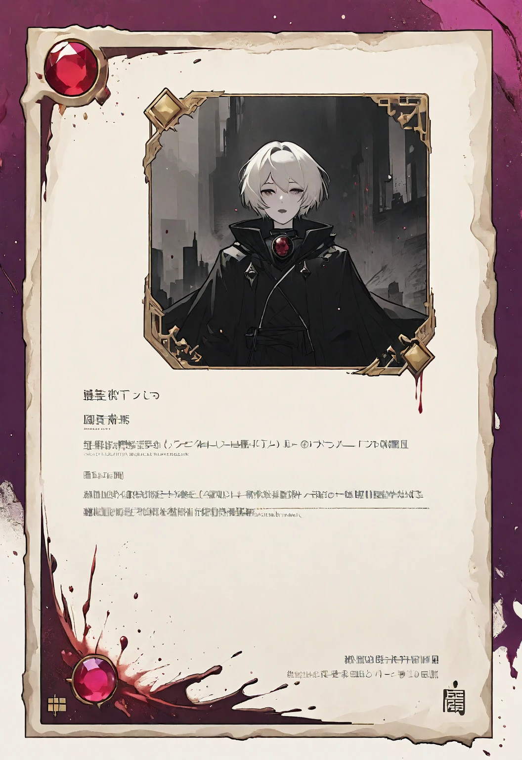 A card border UI,Modern urban minimalist style,Suspense style,Profile Style。Leave a square blank space in the middle,There is a ruby under the bezel。Parchment backing,There are blood stains on it。Black and White、yellowish、Lilac main color。