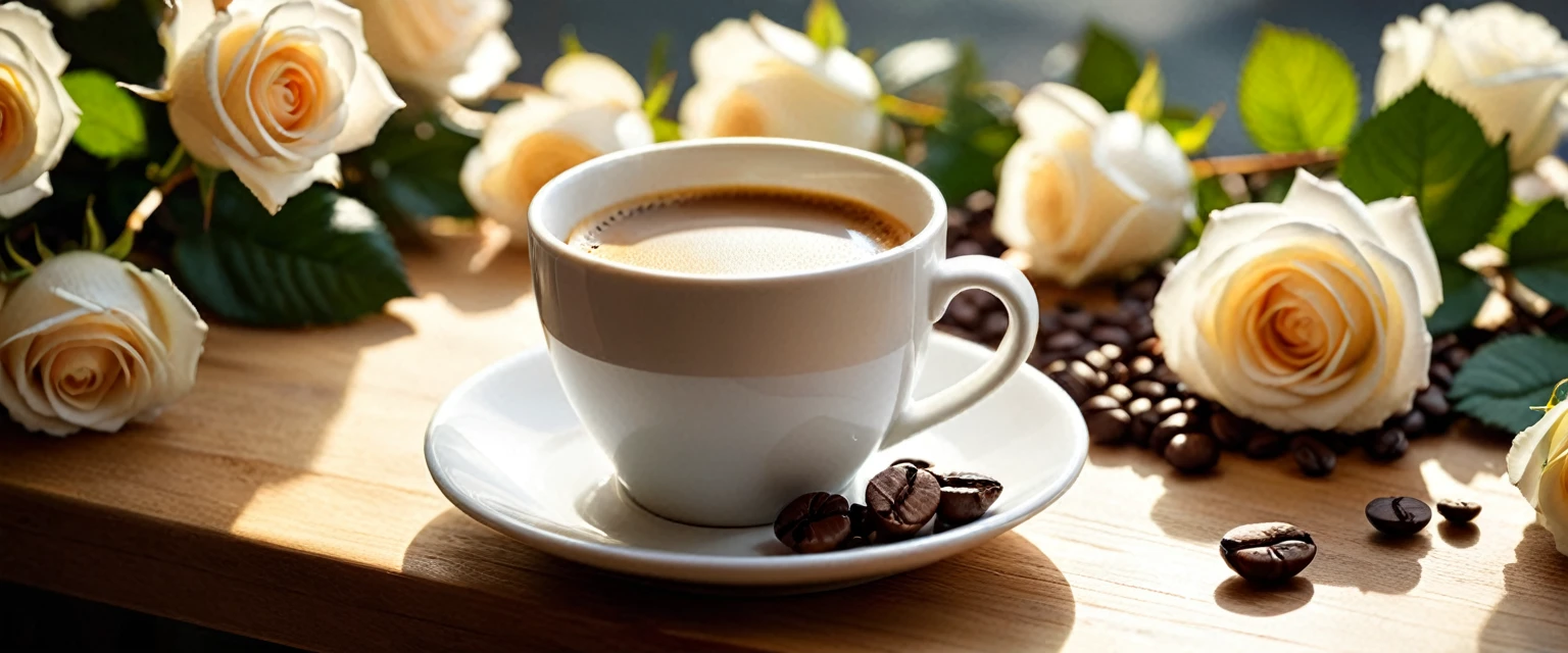 Best still life composition(best quality,4K,8K,high resolution,masterpiece:1.2),Super detailed,(Practical,photoPractical,photo-Practical:1.37),Coffee smoking slightly in white ceramic cup.Artist coffee impression.Clear white gauze texture，Wrinkles arranged randomly...Sophisticated and elegant.Bouquet of bright white roses flat lay from above(Lying flat on the table)..Fresh coffee beans on a modern wooden bench.Core and Texture. Freshness and flavor.Super detailed.（super quality，Super detailed，Super complex，Extremely complex）Soft and natural light and shadow.Reverse fragrance.No humans.Ultra wide angle, (Detailed texture),Background covered with film grain, Natural soft lighting,(Morning Scene.warm sunshine in the morning)Ray tracing, Vignette, Wide-angle lens, Ultra wide angle, best qualitycinematic lighting, Depth of Field, Outside the border, Negative Space, Letterbox header image