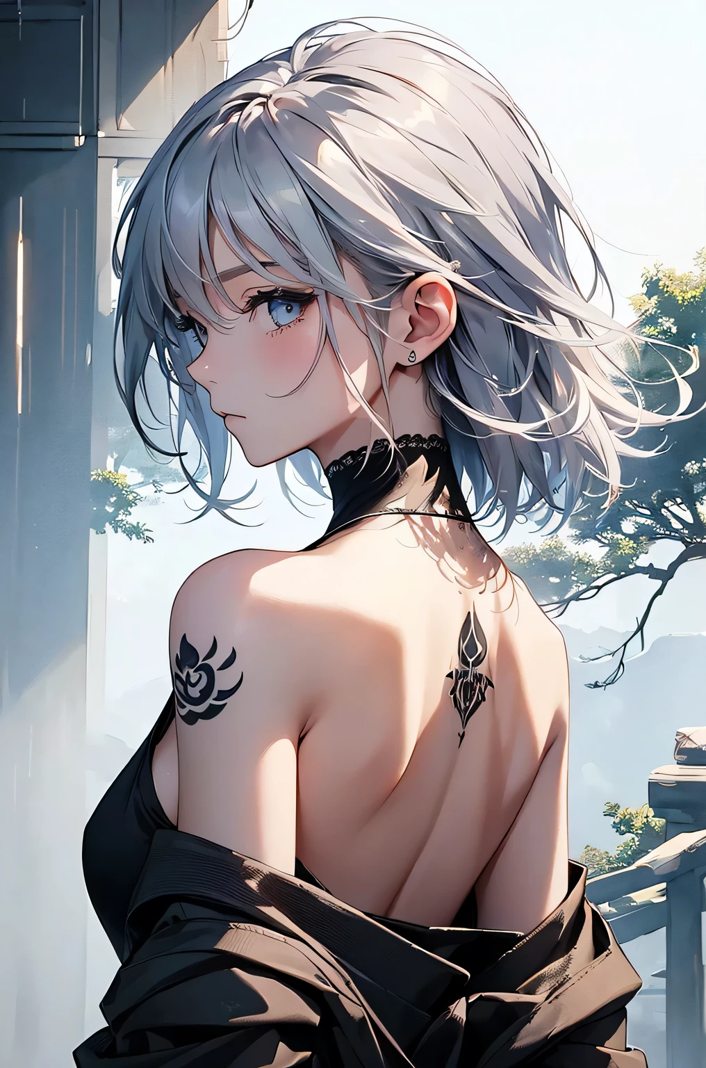 (Image from chest up:1.4)((masterpiece:1.5,Highest quality,Beautiful images、Sketch、2.5D、Ink Painting、Abstract、Artistic、Portraiture))(1girl, solo)(medium breasts, Silver Hair、short hair、sideboob、Exposing shoulders、Tattoo on shoulder)(Profile Portrait,Gaze sideways、Gaze diagonally、Shake your head、A sad expression, floating hair)(Monotone Abstract Background)((from backside:1.3)),Landscape
