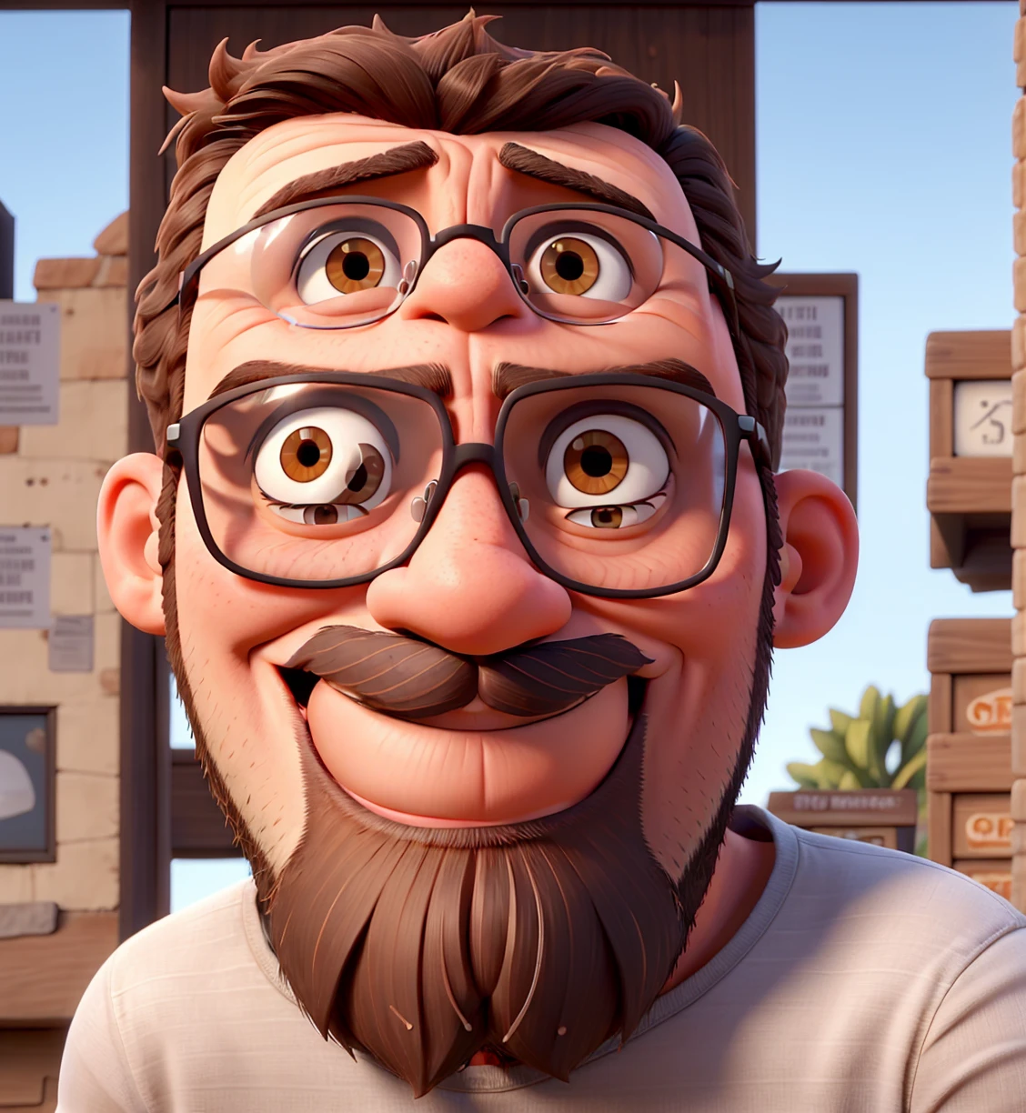 Average 30-year-old man with short brown beard, cabelos castanhos curtos, glasses ,olhos castanhos, ao fundo uma diversidade de pessoas, no fundo uma cidade, text Franciel Britos caption fights for diversity and inclusion.