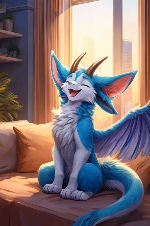 Furry art, feral, furred dragon, female, white and blue fur, wings, big ears, four ears, many ears, horns, chest fluff, paws, happy, blind, eyes closed, quadruped, wearing t-shirt, wearing black t-shirt, wearing shorts, wearing black shorts, singing, singing loudly, apartment, city apartment, large window, natural light, cityscape, golden hour lighting, halo