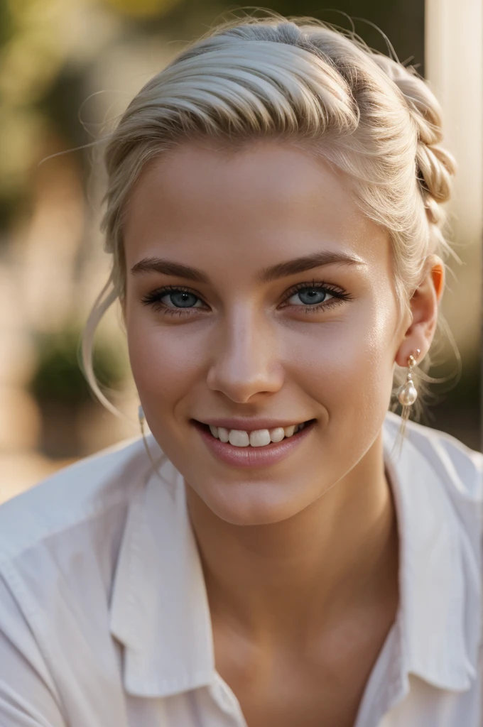 gorgeous, beautiful, 21 years old scandinavian, white hair in a bun, best portrait photo ever, men magazine portrait, beautiful smile, perfect teeth, seductive, flirty, face photo, best tourist attraction background, smiling, detailed skin, realistic, photo-realistic, 8k sharp focus, highly detailed, full length frame, High detail RAW color art, piercing, diffused soft lighting, shallow depth of field, sharp focus, hyperrealism, cinematic lighting