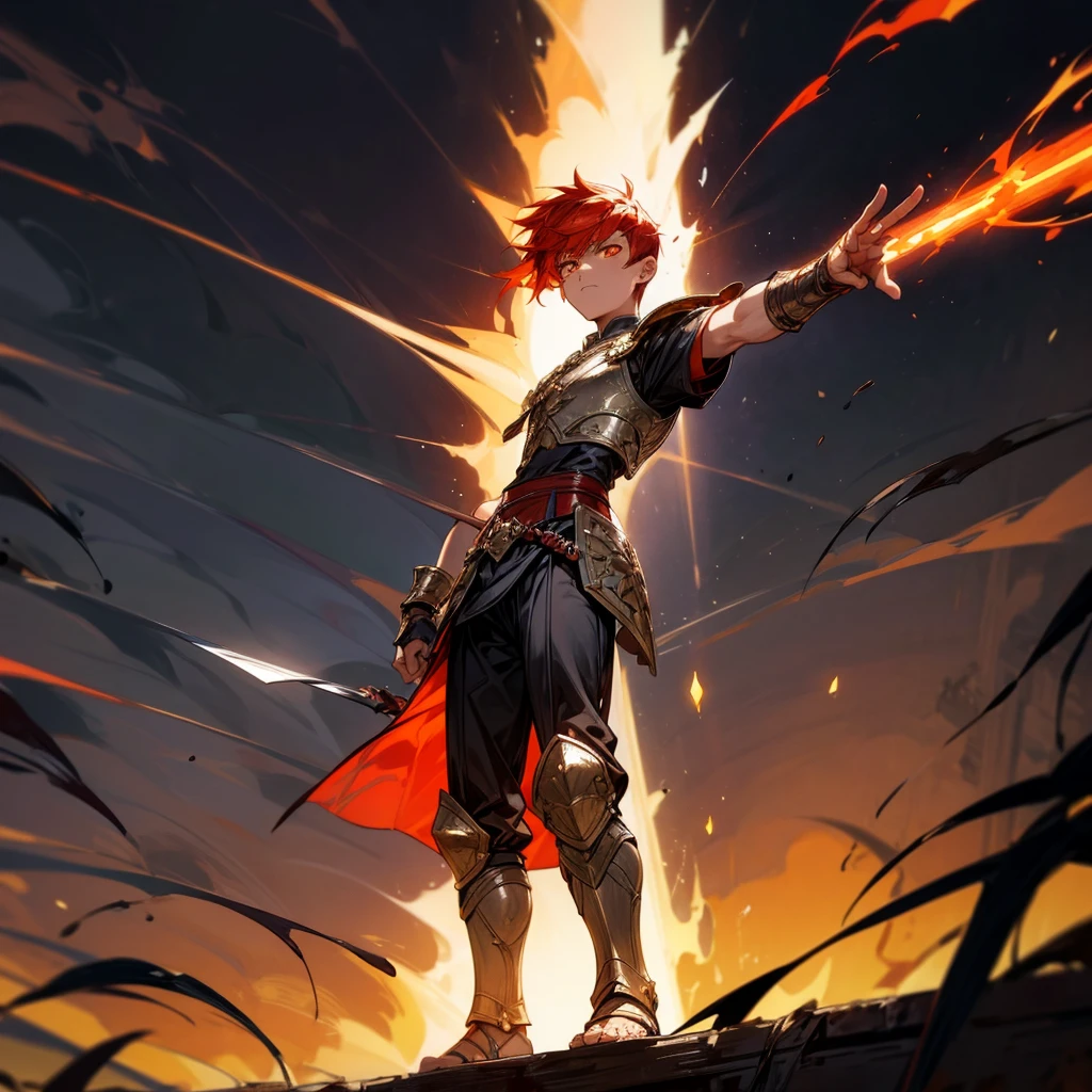 1boys, Full body version, orange eyes, undercut hair, red colour hair, very angry expression, gladiator clothing, short sleeve shirt, gladiator skirt, gold big armor body, bodybelt, gladiator sandals, Spatha sword in hand, (war gesture), Grassroots background in war, Full background, night, moonlight behind, moonlight silhouette, explosion, fire, fire background, blood on face, blood on sword, blood on armor, fire sword