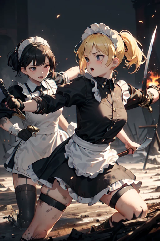 (((Highest quality))), ((masterpiece)), (((detailed))), (((Attention to detail))), One girl, cute, Blonde, Blue Eyes, Small breasts, (((Soot and mud, 服やエプロンがdirty, dirty, 全身がdirty, Tattered, 1.6))), (((Soot and mud, メイド服がdirty, エプロンがdirty, 服がTattered, ))), ((Covered in soot, Covered in mud, Covered in charcoal, )), Tattered, Torn clothing, ((Black maid outfit, White apron, Headband, The skirt is long)), (((A girl in a maid outfit is fighting with a large sword))), ((燃えているbattlefield1.6)), wasteland, fierce fighting,Fierce Battle, Intense Battle, battlefield, sparks, 
Has a big sword, ((Western design sword)), Enemy, Tsuba competition, Slashing, ((duel)), (((The sword is held by a stick.))), ((Wielding a sword)), 