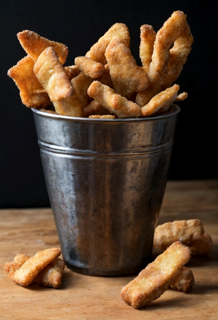 The image shows a metal wire basket containing pieces of pork rinds. The cracklings are golden and appear crispy, with a juicy and well-fried appearance. The basket is full, suggesting a generous portion. In the background, out of focus, there are signs of a drink in a glass, which complements the scene of a typical aperitif. rustic environment with black background