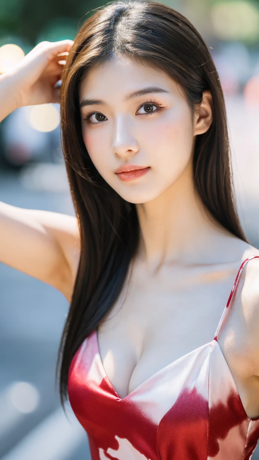 ((Best quality, 8K, masterpiece:1.3)),1girl,18 years old,Asian,Real texture:1.3,(Background blur:1.1),Gorgeous long dress,Tall and slender figure:1.2,(Hot summer weather),(street:1.3),Highly detailed face and skin textures,Exquisite eyes,Long eyelashes,Double eyelids,Skin Whitening,happy,Various postures,Big breasts