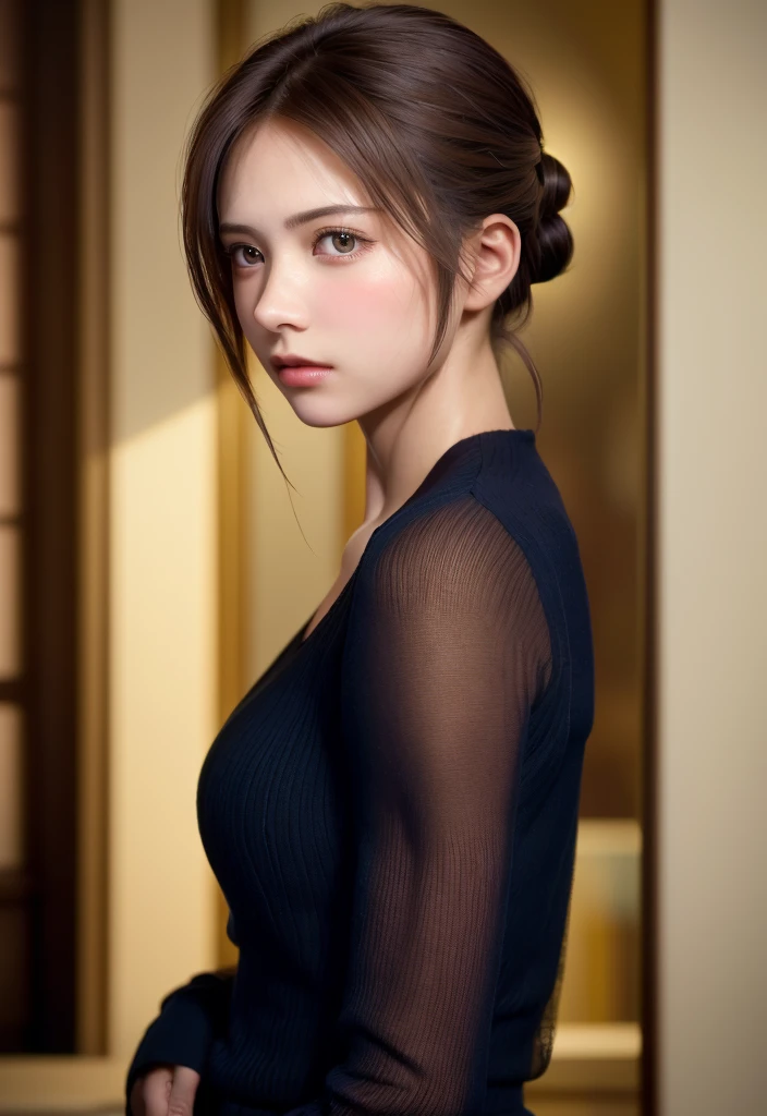 8K, of the highest quality, masutepiece:1.2), (Realistic, Photorealsitic:1.37), of the highest quality, masutepiece, Beautiful young woman, Pensive expression, Thoughtful look, Elegantly dressed, Hair tied back, Messy mood, Cinematic background, Tired, Light skin tone