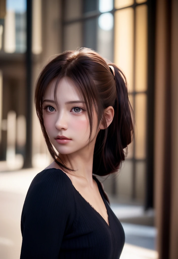 8K, of the highest quality, masutepiece:1.2), (Realistic, Photorealsitic:1.37), of the highest quality, masutepiece, Beautiful young woman, Pensive expression, Thoughtful look, Elegantly dressed, Hair tied back, Messy mood, Cinematic background, Tired, Light skin tone