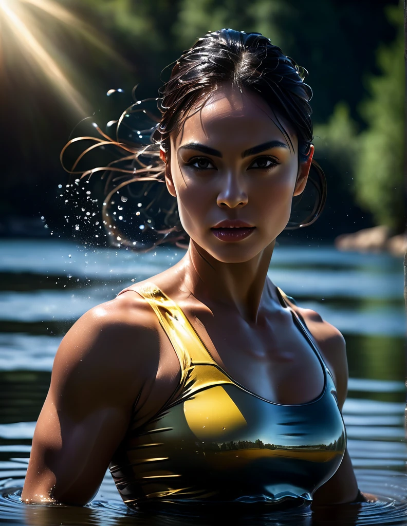 muscular woman in a lake,strong and powerful,rippling water,rippling muscles,feminine strength,body glistening with water droplets,athletic physique,confident expression,strong determination,sunlight shining on the water,captivating reflection,dynamic pose,serene surroundings,natural beauty,sculptural form,hyper-realistic details,fine brushwork,high-resolution image,vivid colors,contrast between strength and femininity,dramatic lighting,subtle shadows,monumental presence,blurring between human and nature,ethereal atmosphere.