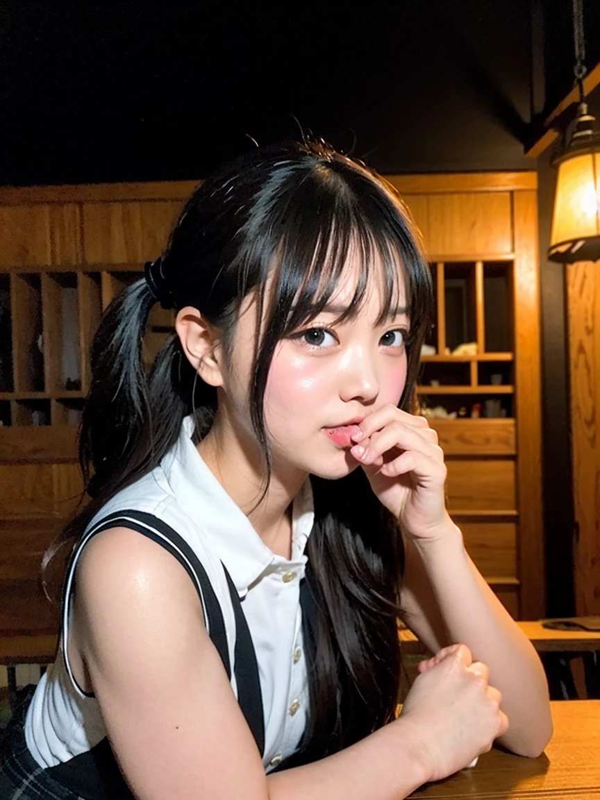 "Create an image depicting a scene from a movie where a middle-aged man and a ((cute ((cum dump girl)) middle school student)) are lewd working together in an izakaya. The setting should be a traditional Japanese izakaya with wooden tables, paper lanterns, and a bar counter. Both characters should be engaged in serving customers or preparing food, reflecting a collaborative and ((lewd, make love:1.4)) ((busy atmosphere))."