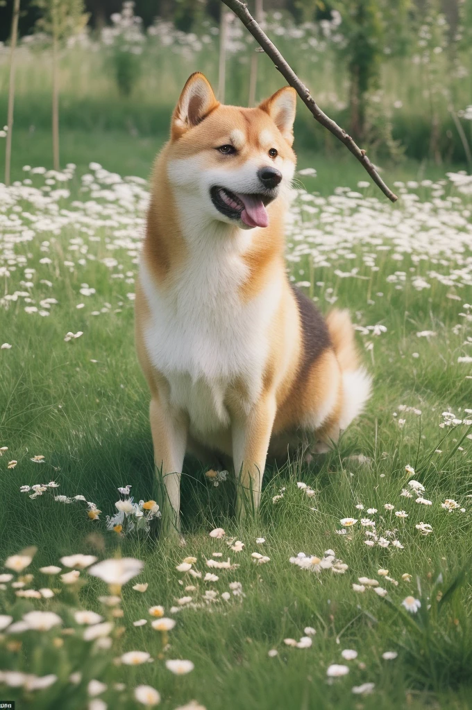 A Shiba Inu standing in a lush meadow filled with white daisies. The dog seems happy, Stick your tongue out, Maybe they're gasping for air or laughing.. wood々Sunlight shining through, Casting a warm glow on the scene, Creates a calm and peaceful atmosphere.
