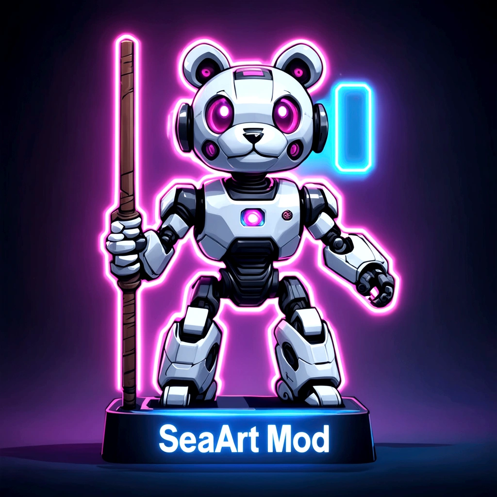 cyberpunk style, A cybernatic cute bot, with a stick in hand, "SeaArt Mod" is written in bottom, neon sign boar