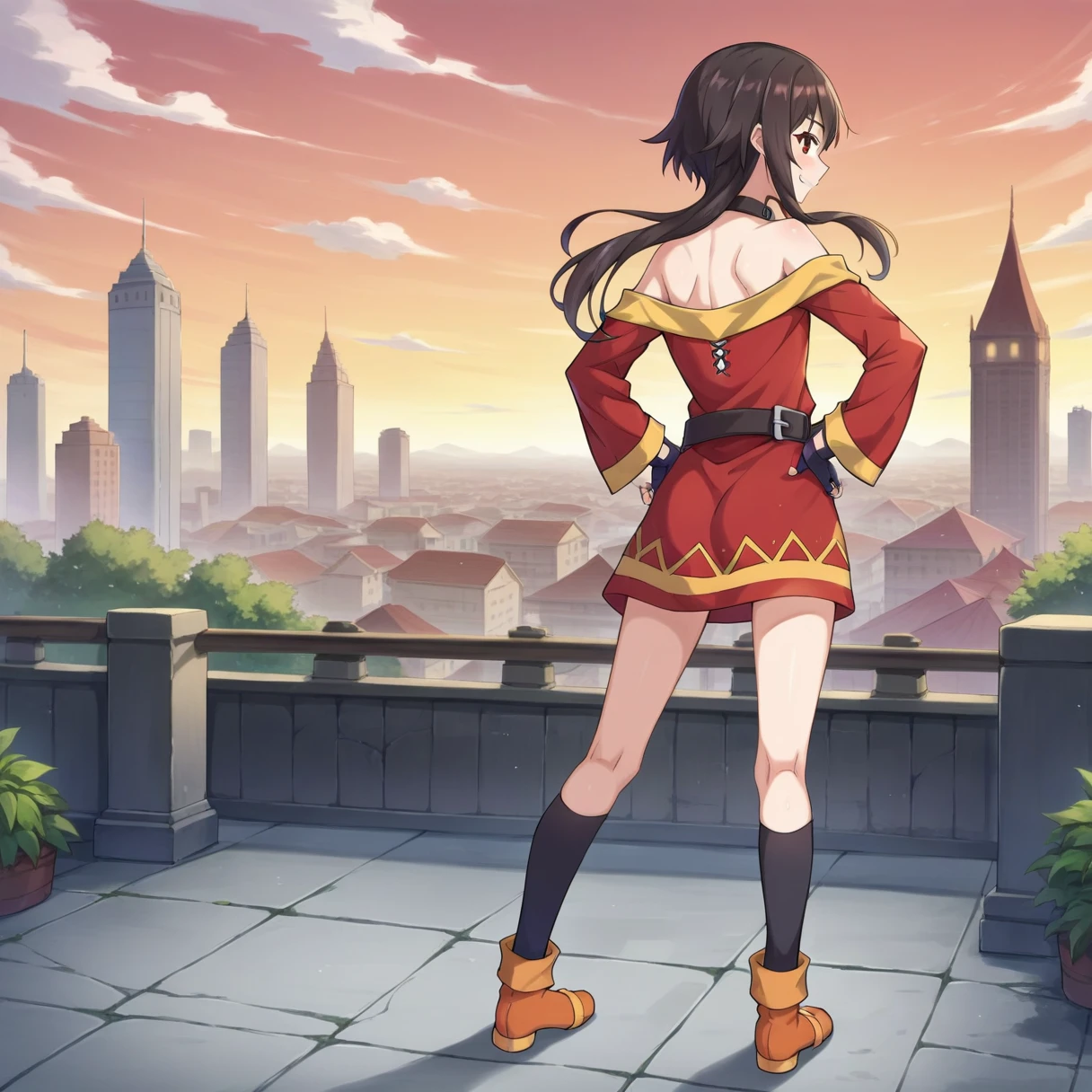 score_9, score_8_superior, score_7_superior, score_6_superior, score_5_superior, score_4_superior, Break Source_anime,city,Outdoor,smile,Are standing,Put your hands on your hips,Megumin, short hair, Black Hair, Red eyes, Side Lock, Long Hair,,Knee socks, gloves, Have,Red dress, black gloves, belt, black Knee socks, fingerless gloves, Cape, collar, witch Have, bandage, Red dress, シングルKnee socks, Asymmetrical legwear, bandageを巻いた足、Back view