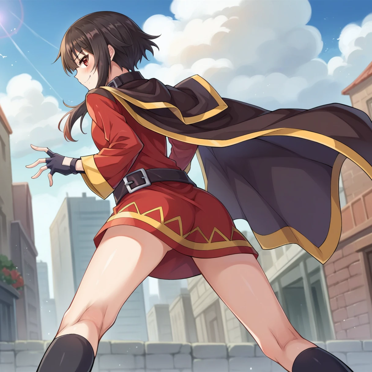 score_9, score_8_superior, score_7_superior, score_6_superior, score_5_superior, score_4_superior, Break Source_anime,city,Outdoor,smile,Are standing,Put your hands on your hips,Megumin, short hair, Black Hair, Red eyes, Side Lock, Long Hair,,Knee socks, gloves, Have,Red dress, black gloves, belt, black Knee socks, fingerless gloves, Cape, collar, witch Have, bandage, Red dress, シングルKnee socks, Asymmetrical legwear, bandageを巻いた足、Back view