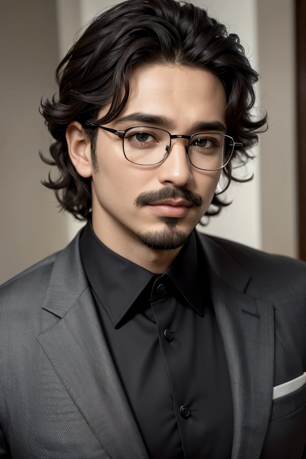 absurdrez, ultra detali, high qualiy, work of art, face detailed, gorgeous eyes(detailedeyes), ung, dark and curly hair, dark brown eyes, Eyeglasses, mustache and goatee, Black Suit.
