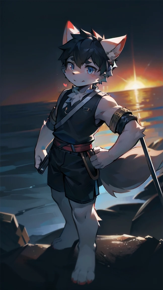 White Wolf,black hair,Sky blue eyes,hairy,Wolf ears,Wolf tail,Full body portrait,The character is in the center of the frame,Handsome,Confident eye***but,juvenile,Black and white combat uniform,Red neck bib,Black shorts,Short sleeve,hairy arms and legs,Dark background,Dark battlefield,dawn,sunrise,dawn,illumination,shadow,Swordsman,Scabbard and Hold the hilt of a in your hand,The scabbard is at the waist,Highest quality,A tall stature