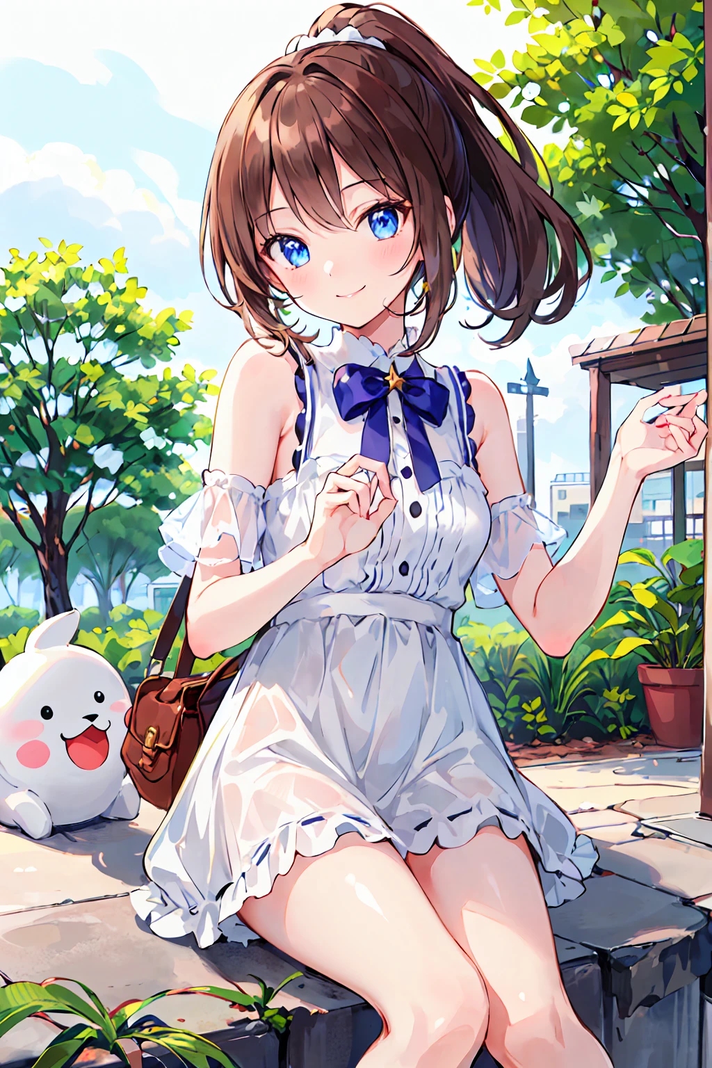(masterpiece, Highest quality), One girl, smile, cute, Girl posing, Outdoor, Beautiful Face, White Dress,Brown Hair,ponytail,Small breasts