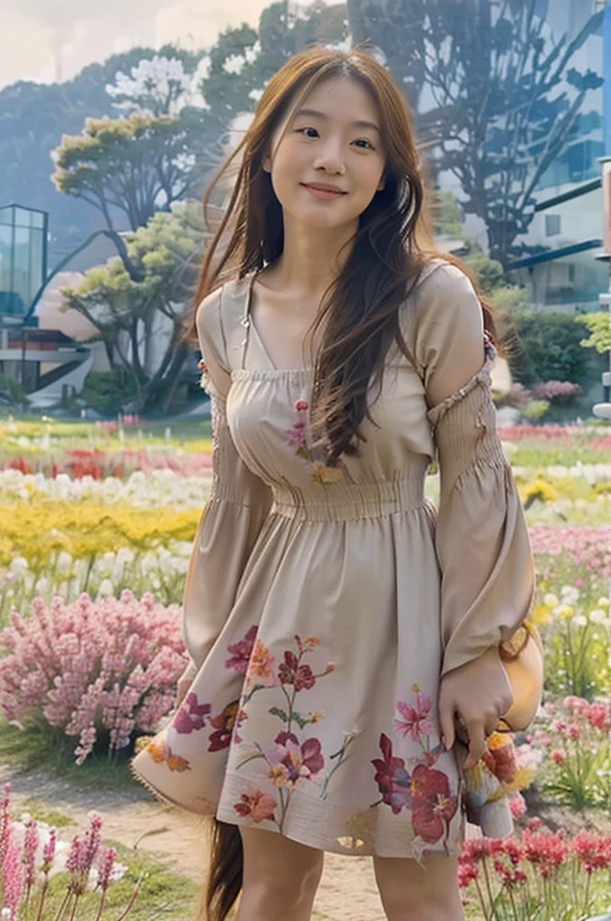 medium shoot, Top quality, masterpiece, very high resolution, photorealistic, raw photo, 25 year old beautiful japenese woman with relaxed fishtail long hair, round face and diamond chin, orangelong sleeves dress, standing in a field of blooming flowers, rugged mountains, glowing skin, laughed broadly