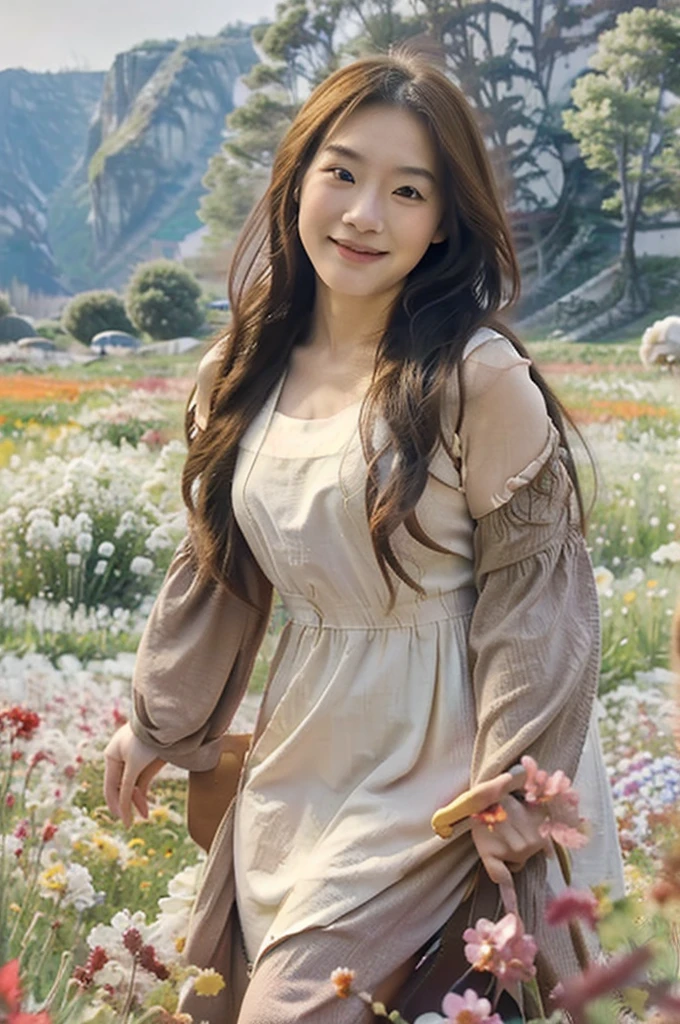 medium shoot, Top quality, masterpiece, very high resolution, photorealistic, raw photo, 25 year old beautiful japenese woman with relaxed fishtail long hair, round face and diamond chin, orangelong sleeves dress, standing in a field of blooming flowers, rugged mountains, glowing skin, laughed broadly