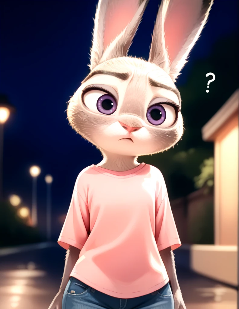 score_9, score_8_up, score_7_up, score_6_up, source_furry, judyhopps confused, dark, night, backlighting, solo, pink shirt, jeans, arms at sides, front view, portrait 