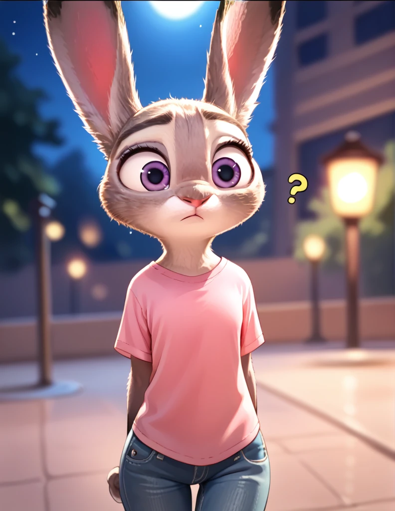 score_9, score_8_up, score_7_up, score_6_up, source_furry, judyhopps confused, dark, night, backlighting, solo, pink shirt, jeans, arms at sides, front view, portrait 