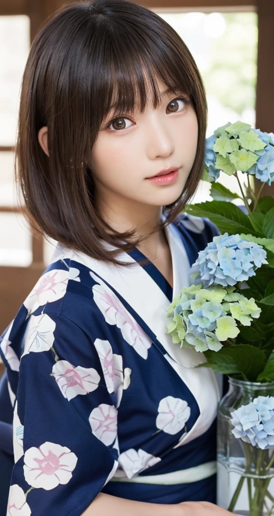 one girl, (a beauty girl, delicate girl:1.3), (:1.3),
break, (yukata, Japanese folk costume:1.2),
break, (glass vase, hydrangeas:1.2),
break, very fine eyes, (symmetrical eyes:1.3),
break, (big breasts:1.1), brown eyes, parted bangs, brown bobcut hair, round face, kawaii,
break, (eyes and faces with detailed:1.0),
break, (masterpiece, best quality, ultra detailed, detailed face, 8k)