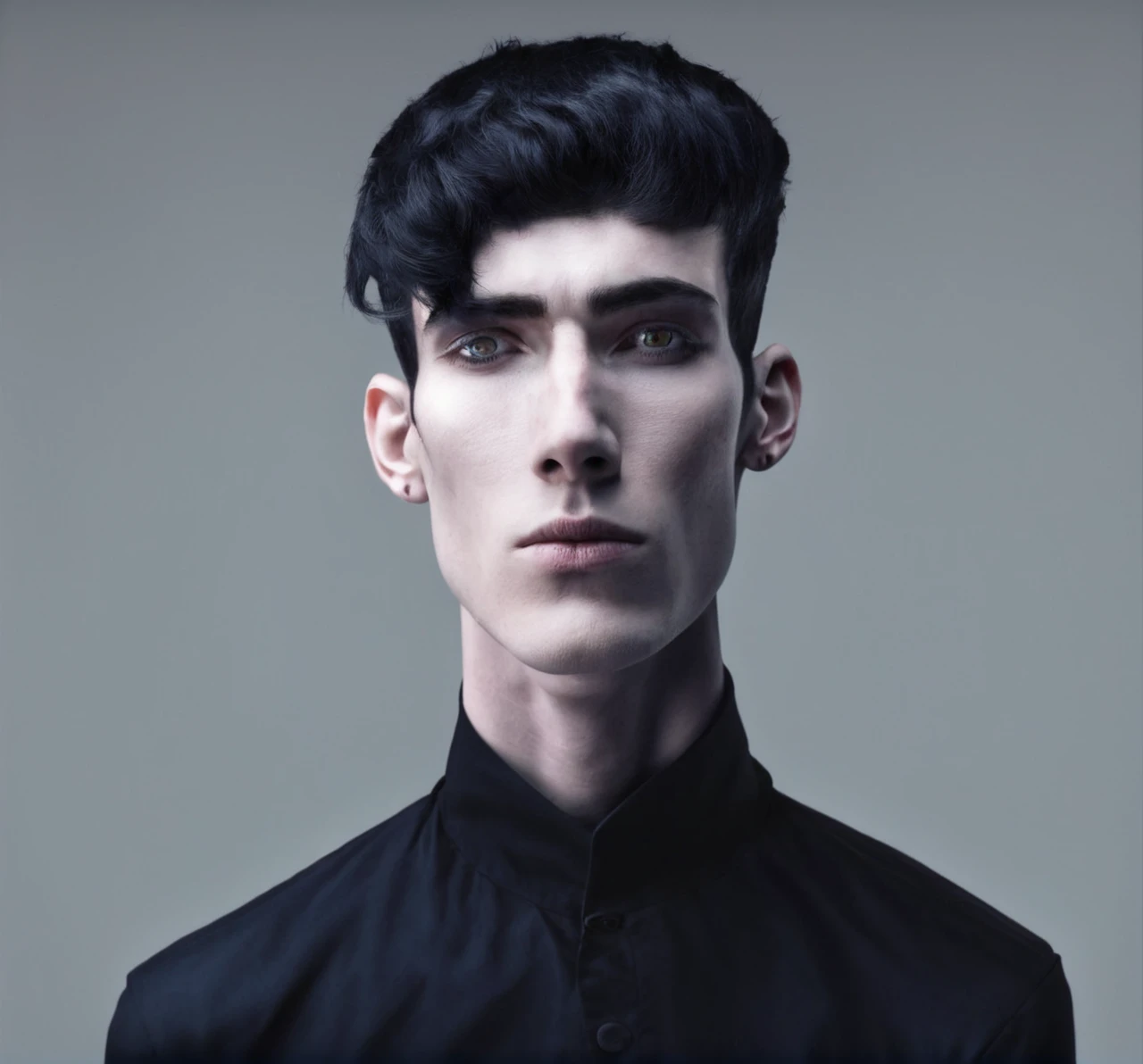A tall, black-clothed, white young man with black hair and white eyes
