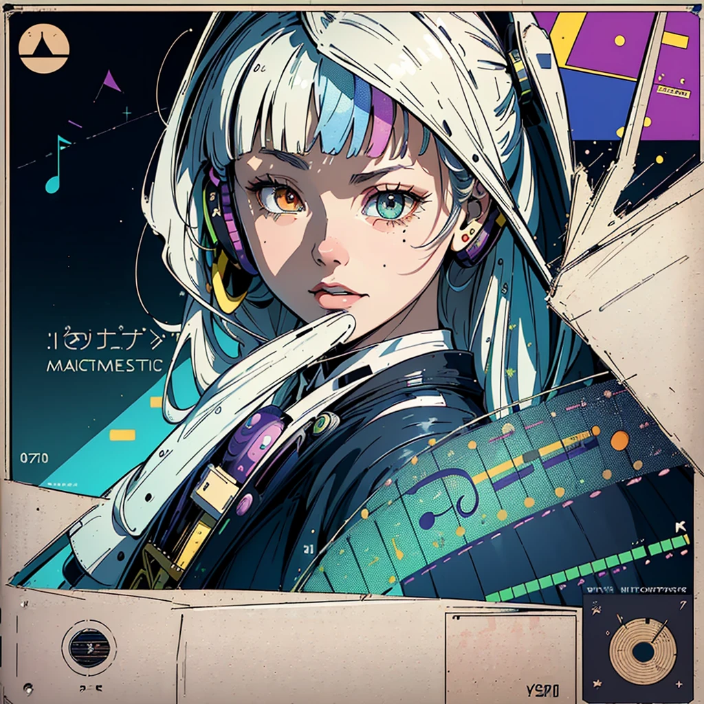 (((masterpiece, Highest quality))),(((alone:1.2))),(((One girl:1.2))),32K Wallpapers, Very detailed, Poster, Vintage science fiction, 1960s,(((((geometric cinematic  Music poster))))), (futuristic), shape,(((Plane composition))), Midcentury Modern, movie Poster, Vintage, Perfect Lady,1970s, Halftone, Speech bubble,(((portfolio,close))),(((Different angles))),(((breast enhancement))),((highlight)),Vast landscape,((((Heterochromia iridis)))),(((completion. Detailed face))),(((Very talented))),(((Wearing headphones))),((Overall colorful))