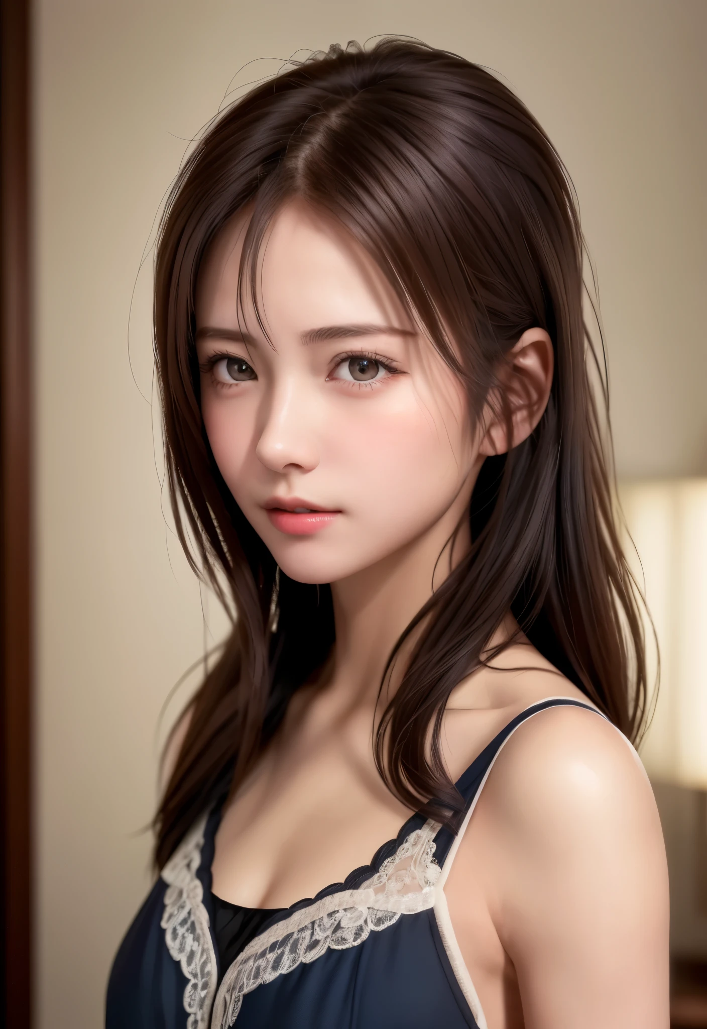 8K, of the highest quality, masutepiece:1.2), (Realistic, Photorealsitic:1.37), of the highest quality, masutepiece, Beautiful young woman, Pensive expression, Gentle eyes, Cute Nightgown、full of shyness、Hair tied back, Messy mood, Cinematic background, Light skin tone