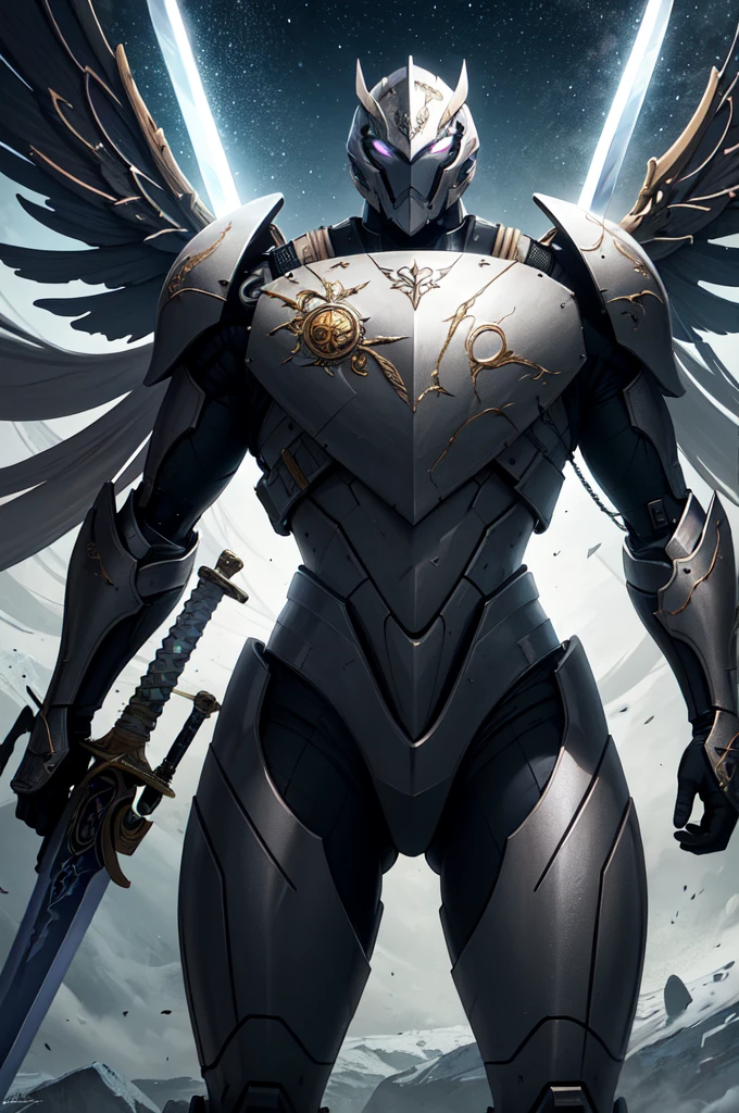 (masterpiece, best quality:1.3),extremely high detailed, intricate, 8k, HDR, wallpaper, cinematic lighting, (universe),(holding sword:1.3), glowing, armor, glowing eyes, mecha, large wings,