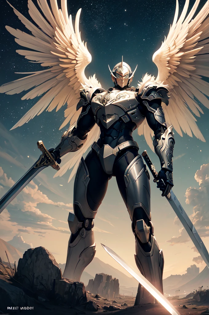 (masterpiece, best quality:1.3),extremely high detailed, intricate, 8k, HDR, wallpaper, cinematic lighting, (universe),(holding sword:1.3), glowing, armor, glowing eyes, mecha, large wings,