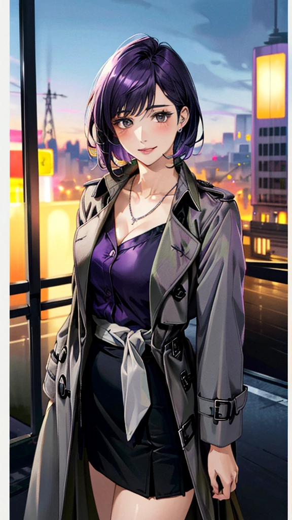 (masterpiece:1.3, Highest quality, Ultra-high resolution, Very detailed), (Realistic, photoRealistic:1.4), Beautiful illustrations, (Natural Side Lighting, Cinema Lighting), colorful, Written boundary depth, Beautiful detailsまでこだわった髪, Beautifully detailed face, Beautiful details, Beautiful clavicle, Beautiful body, 美しいLarge Breasts, Beautiful thighs, Beautiful legs, Beautiful fingers, Show Viewer、Front view:0.8, beauty1人, Japanese, beauty、30 years old, Perfect Face, (Perfect Anatomy, Anatomically correct), Cute and symmetrical face, Baby Face, , Shiny skin, ((Closing the coat、Grey trench coat:1.4)), (Black Skirt:1.5) (Purple Hair, Short Hair:1.4), Red eyes, (Large Breasts), The body is slim, necklace, (Beautiful views), (night), (city, cityscape in the distance), Standing with good posture, 優しいsmile、(smile, Lips parted),