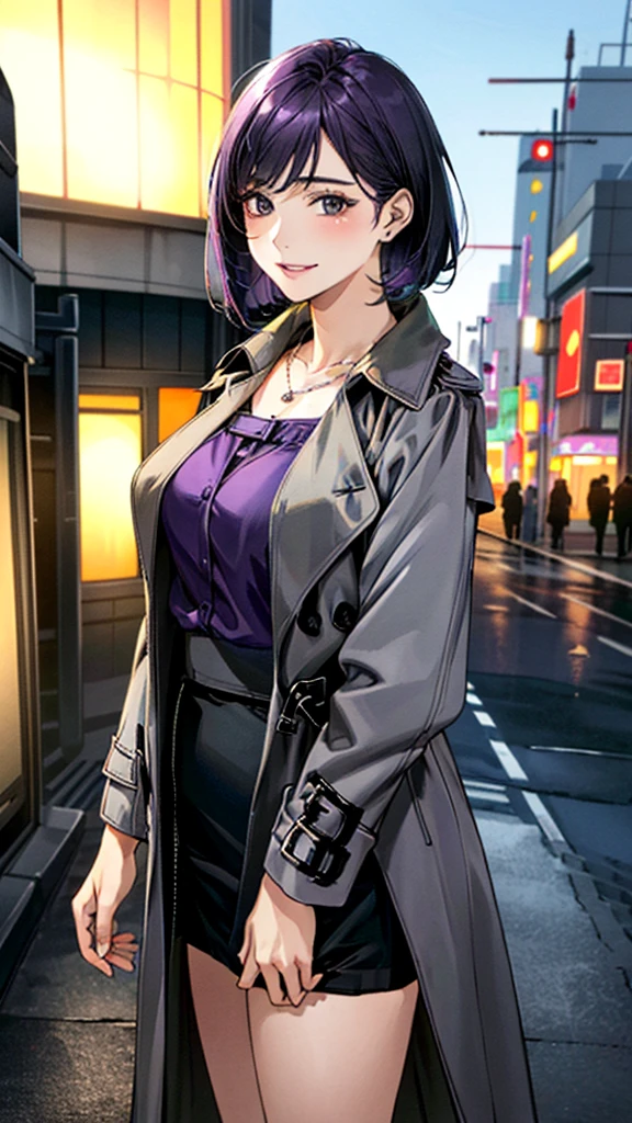 (masterpiece:1.3, Highest quality, Ultra-high resolution, Very detailed), (Realistic, photoRealistic:1.4), Beautiful illustrations, (Natural Side Lighting, Cinema Lighting), colorful, Written boundary depth, Beautiful detailsまでこだわった髪, Beautifully detailed face, Beautiful details, Beautiful clavicle, Beautiful body, 美しいLarge Breasts, Beautiful thighs, Beautiful legs, Beautiful fingers, Show Viewer、Front view:0.8, beauty1人, Japanese, beauty、30 years old, Perfect Face, (Perfect Anatomy, Anatomically correct), Cute and symmetrical face, Baby Face, , Shiny skin, ((Closing the coat、Grey trench coat:1.4)), (Black Skirt:1.5) (Purple Hair, Short Hair:1.4), Red eyes, (Large Breasts), The body is slim, necklace, (Beautiful views), (night), (city, cityscape in the distance), Standing with good posture, 優しいsmile、(smile, Lips parted),
