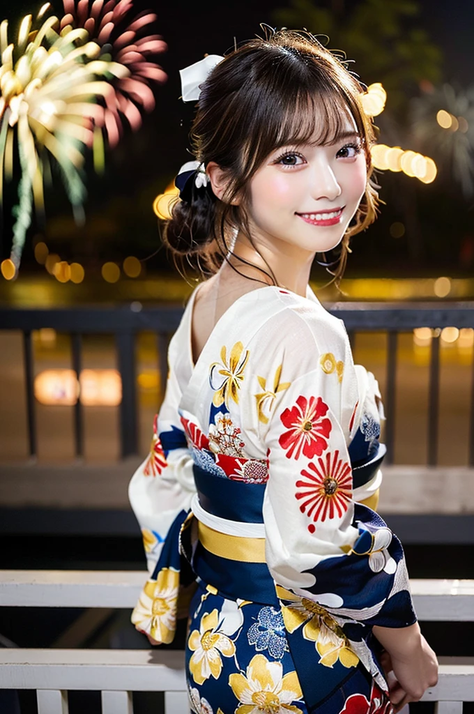 ((Highest quality, 8K, masterpiece: 1.3)),RAW Photos,Realistic atmosphere,Lens flare, Ray Tracing,(Detailed beautiful white skin:1.3),Beautiful Japanese,27 years old, Detailed face,Bun Hair,Gorgeous hair with red and gold ornaments,(Watching the fireworks wearing a floral yukata:1.2),Huge fireworks,(White yukata with sleeves:1.2),((Ribbon-type obi:1.3)),((Looking back with an innocent smile:1.3)),Blurred grand fireworks,(Many colorful fireworks:1.2)Star Mine,Fireworks across the sky,Large fireworks,Huge fireworks