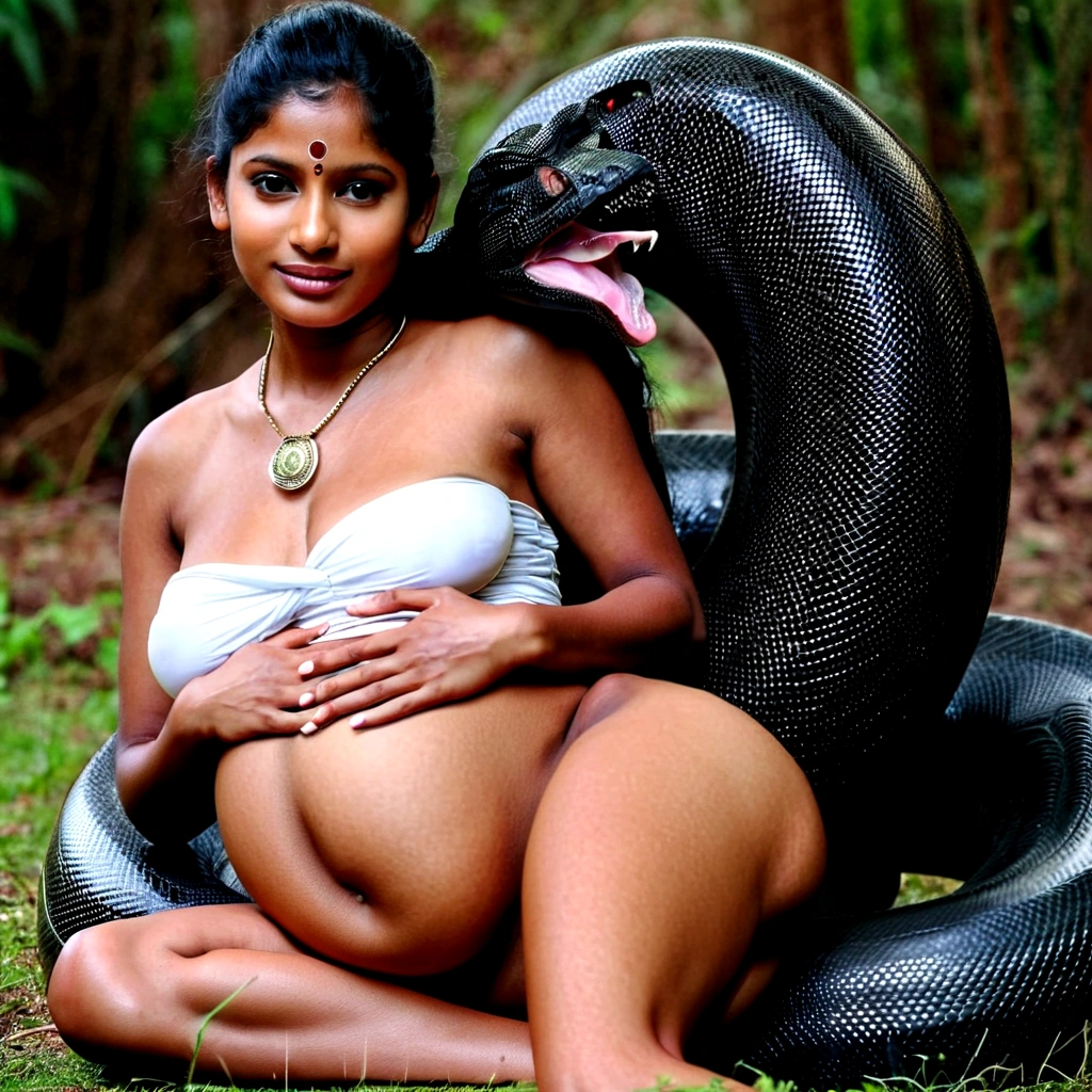 Pregnant Happy Horny, aroused 1girl), beautiful kneeling indian young girl with giant colossal black titanboa squeezing her hard, wrapped in thick spiraling coils, constricted, struggle, gasping for air, snake attack, snake peril, moonless night, dim light