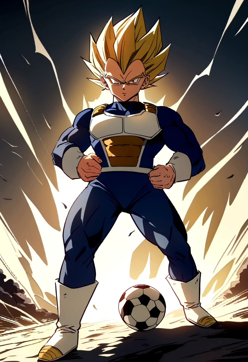  Vegeta as Super Saiyan , blue vegeta outfit , anime styling , Football scenario , (( image without deformities)) , best resolution , best qualityer , steady look , ​masterpiece, holding a soccer ball in his hand.