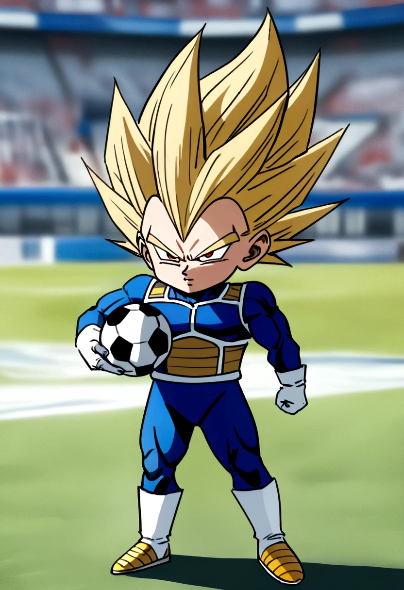 Vegeta as Super Saiyan , blue vegeta outfit , anime styling , Football scenario , (( image without deformities)) , best resolution , best qualityer , steady look , masterpiece, holding a soccer ball in his hand.