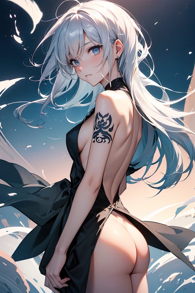 (Image from chest up:1.4)((masterpiece:1.5,Highest quality,Beautiful images、Sketch、2.5D、Ink Painting、Abstract、Artistic、Portraiture))(1girl, 独奏)(medium breasts, Silver Hair、long hair、sideboob、Exposing shoulders、Tattoo on shoulder)(横顔のPortraiture,Gaze sideways、Gaze diagonally、Shake your head、A sad expression, floating hair)(モノトーンのAbstractな背景)((from backside:1.3)),Landscape