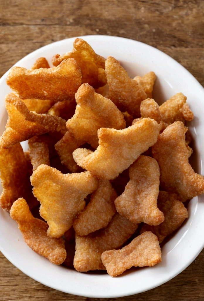 pieces of pork rinds. The cracklings are golden and appear crispy, with a juicy and well-fried appearance.