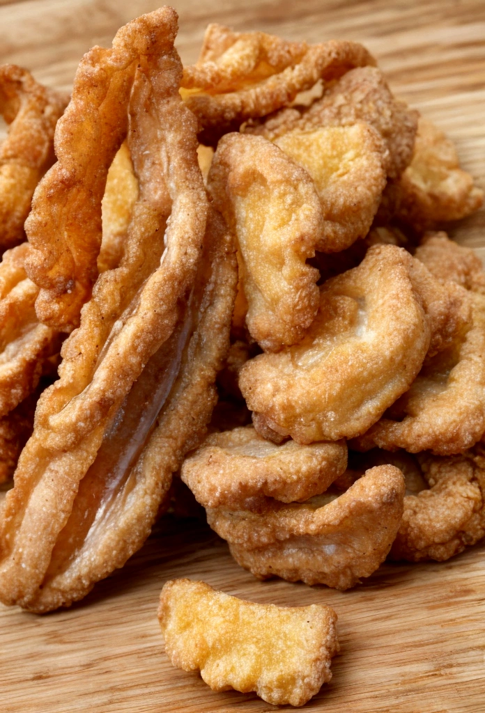 pieces of pork rinds. The cracklings are golden and appear crispy, with a juicy and well-fried appearance.