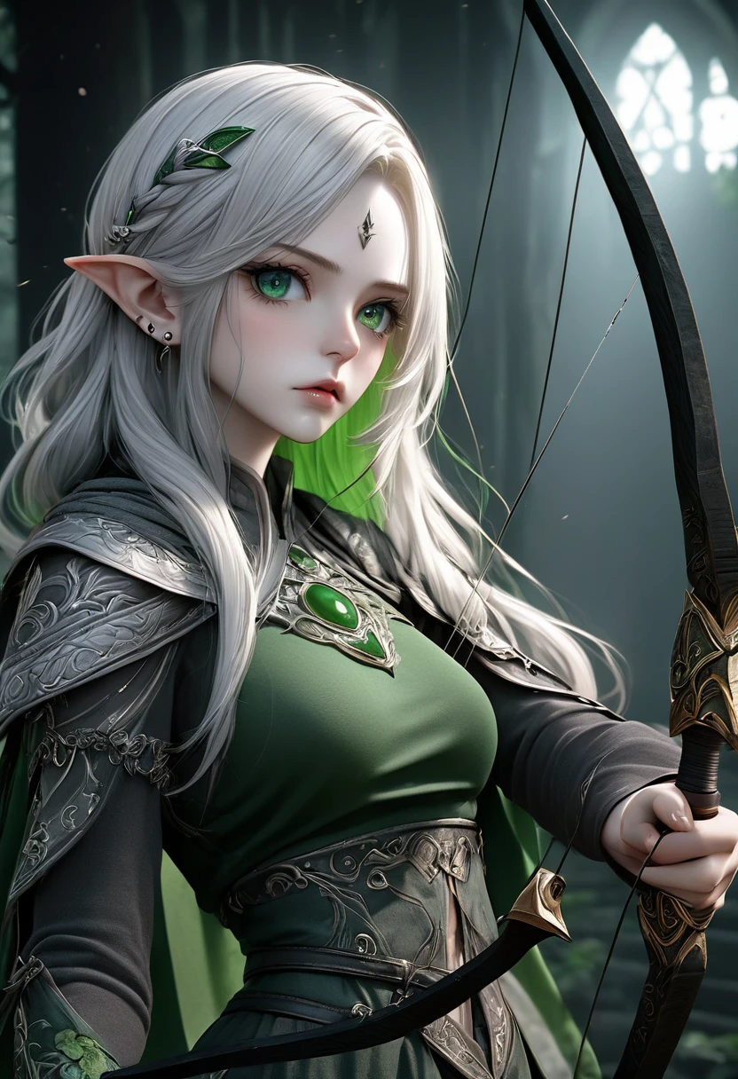 A beautiful female hot milf elven archer, long platinum hair, piercing green eyes, pale skin, holding a jade war-bow, dark fantasy setting, moody atmosphere, gothic aesthetic, (best quality,4k,8k,highres,masterpiece:1.2),ultra-detailed,(realistic,photorealistic,photo-realistic:1.37), extremely detailed facial features, intricate details, cinematic lighting, dramatic shadows, muted color palette, dramatic composition