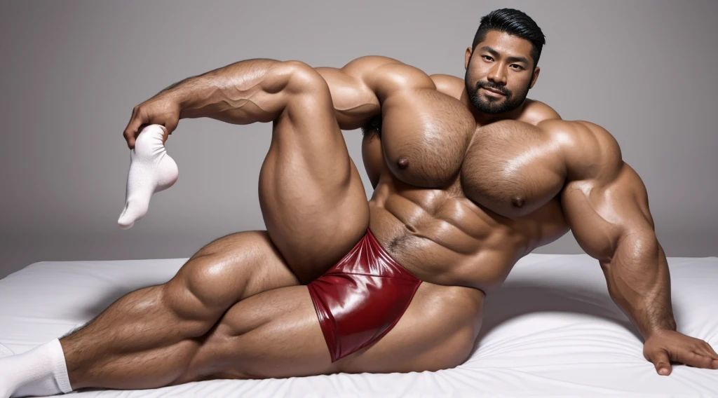 There is only one handsome Asian actor in the photo,35 years old,High target, Fitness,short hair, O-Shaped Beard,Perfect body, Dark skin color,Radiant Skin,Smooth skin,Shiny, shiny skin,Smooth pectoral muscles,No chest hair,No body hair,Muscle bulge, muscular, Very large pectoral muscles,Very sexy abdominal muscles,Very well-developed leg muscles,Huge concave and convex area,Brightens oily skin,Wearing red leather shiny thong,Handsome face, Correct and accurate male body proportions, Wear white socks,Lying on gray background。