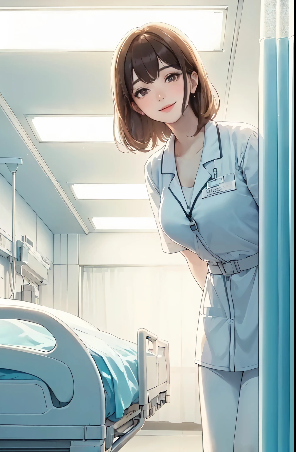 Only one female, (Look down), (From below), (Peeking from behind the dividing curtain), Health care workers, (nurse's uniform), Mature Woman, /(Dark brown hair/) bangs, A kind smile, (Masterpiece Top quality:1.2) Delicate illustrations, super detailed, Big Break (Hospital room) indoor, (Bright white ceiling:1.2), (view from bed:1.2), Detailed Background