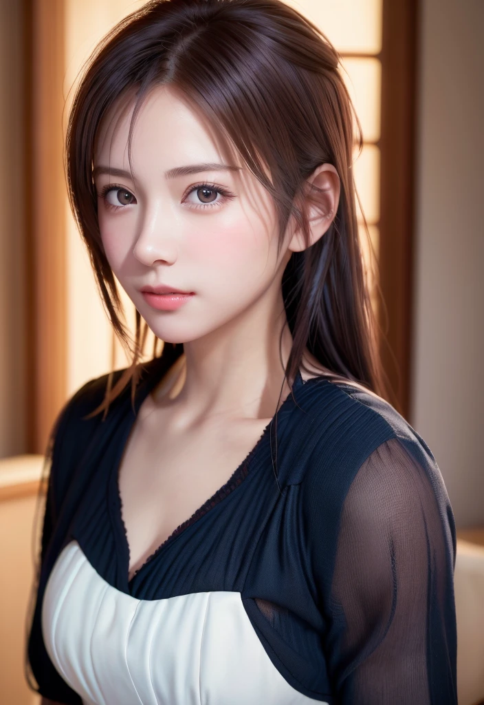 8K, of the highest quality, masutepiece:1.2), (Realistic, Photorealsitic:1.37), of the highest quality, masutepiece, Beautiful young woman, Pensive expression,、A charming、and an inviting look, Cute Maid Clothes, Hair tied back, Cinematic background, Light skin tone